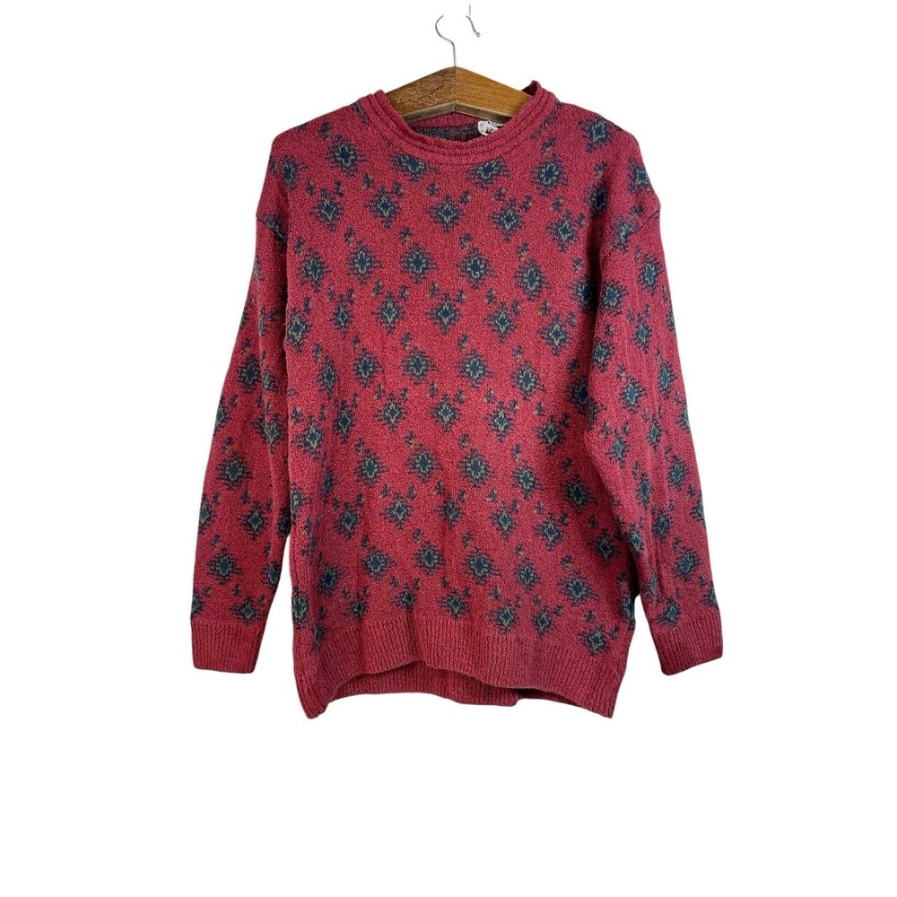 Vintage Bench Sweater Mens Burgundy Geometric Knit 90s Large Grandpa Old Money